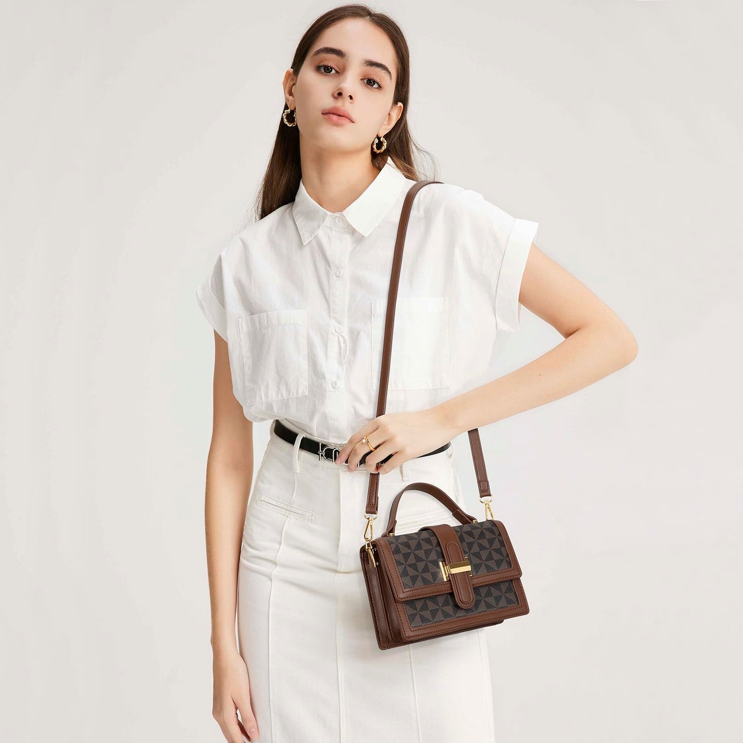 KKXIU Crossbody Bags for Women - Top Handle Purses for Lady, Leather Handbags Shoulder Clutch with Adjustable Shoulder Strap (Brown Checkered)