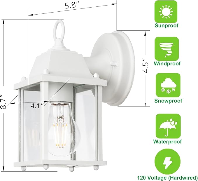LIT-PaTH Outdoor Wall Lantern, Wall Sconce as Porch Lighting Fixture, E26 Base, Aluminum Housing Plus Glass, Water-Proof and Outdoor Rated, ETL Qualified, 1-Pack, White