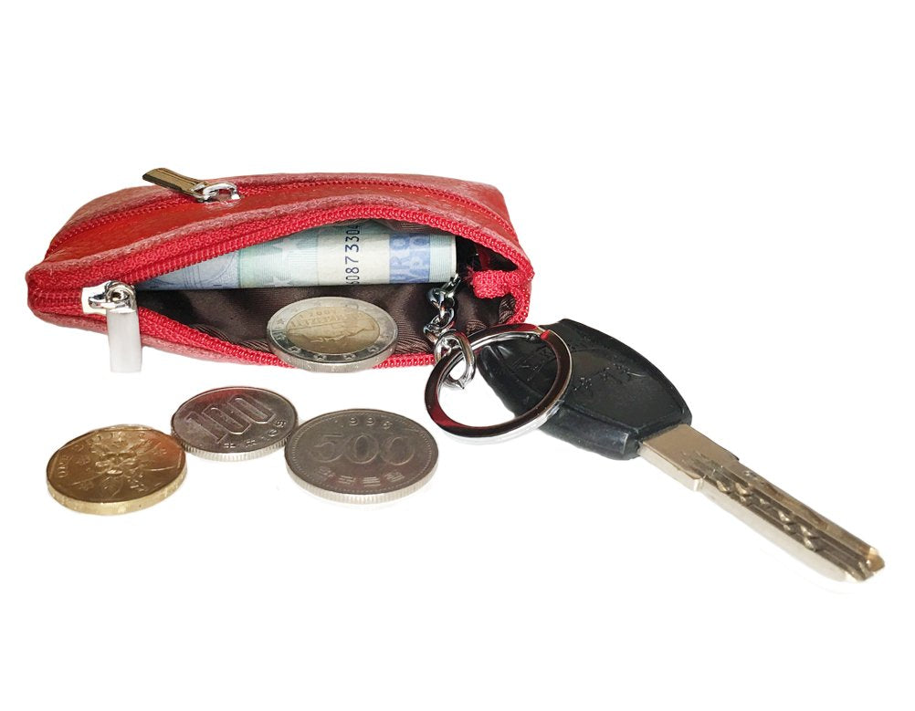 iToolai Women's Leather Small Coin Change Purse with Keychain, Mini Card Holder Wallet, Red