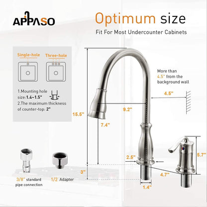APPASO 3 Hole Kitchen Faucet with Pull Down Sprayer, Kitchen Faucets with Soap Dispenser, 3 Pieces Kitchen Sink Faucet with Separate Handle, Matte Black Kitchen Faucet 3 Hole, 218MB