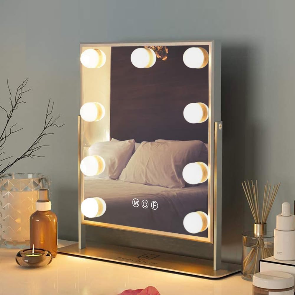 FENCHILIN Vanity Mirror with Light Lighted Makeup Mirror Vanity Makeup Mirror Smart Touch Control 3Colors Dimable Light Detachable 10X Magnification 360°Rotation(White)