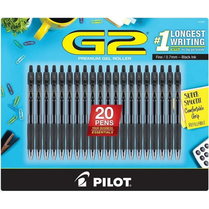 Pilot G2 Premium Gel Roller Pens 0.7, Fine Point Smooth Writing Pens Black, Pack of 20