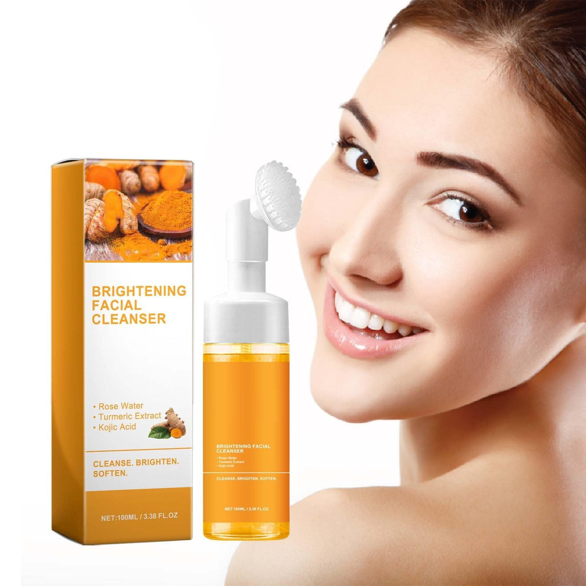 2 Pcs Turmeric Foaming Face Wash, Deep Cleansing Glow Wash Turmeric Facial Cleanser With Brush.