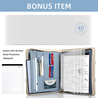 [BRAVE ELK] All-in-One Zippered Padfolio Business Portfolio, Textured Leather Portfolio Binder with 40 Transparent Sleeves, Tablet Holder & Writing Pad, Professional Document Organizer for Men & Women
