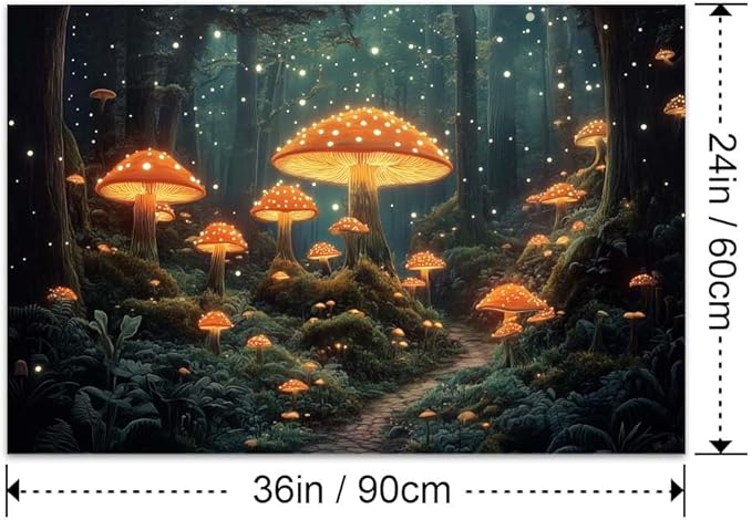 Yesad Mushroom Forest Canvas Wall Art Print, Mushroom Décor Magical Forest Pictures Enchanted Forest Décor Magic Mushrooms Botanical Art Farmhouse Living Room Wall Décor (Unframed,36”x24”,Mushroom)