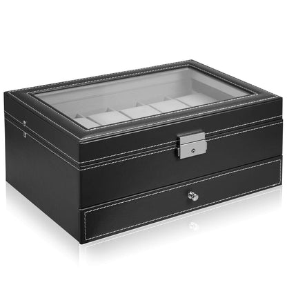 Hossejoy Leather Watch Box 12 Mens Watch Organizer with Jewelry Display Drawer Lockable Watch Case Organizer, Black