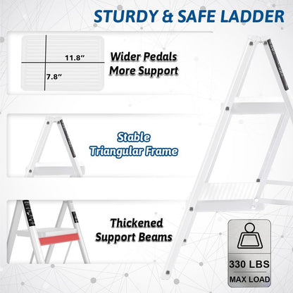 Double Elite Step Ladder 2 Step Folding, Sturdy 330 Lbs Load Step Stool for Adults, Safer Full Steel Kitchen Closet Ladder for Home, Multi-use Small Step Stool Ladder with Anti-Slip Wide Pedals, White