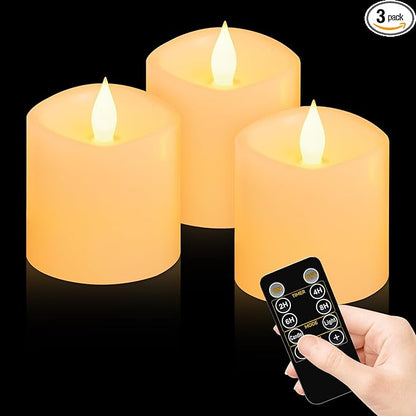 Flameless Candles with Remote & Timer - 3×3'' Ivory Pillar LED Candles Battery Operated,Fake Candles for Indoor Outdoor - Realistic Flickering Flame Holiday Wedding Church Decor (3-Pack)