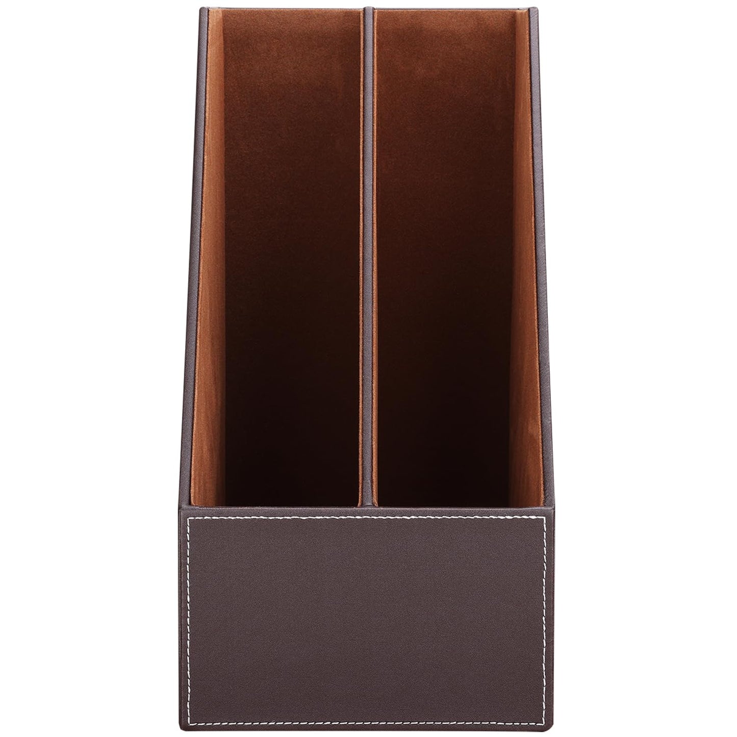 KINGFOM Wooden Leatherette Desktop File Folder Organizer and Document File Stand Journals Magazine Rack 2 Slots (brown)