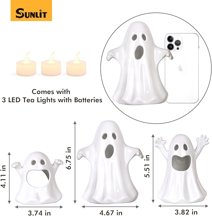 Sunlit Ceramic Ghost with 3 Tea Lights, Spooky Candle Holder Set of 3, Tabletop Indoor Halloween Decorations for Holiday Party Home, Spooky Sculptures Ghost Figurines, White