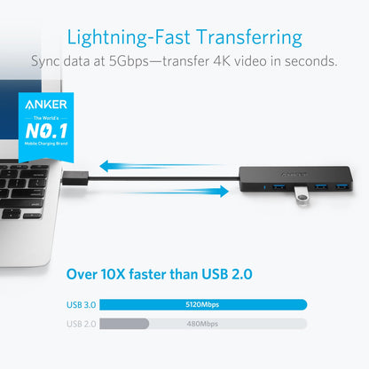 Anker 4-Port USB 3.0 Hub with 5Gbps Data Transfer, Ultra-Slim USB-C Connector Hub, for MacBook, iMac, Surface, Mobile HDD, and More (2 ft USB-C Connector, Charging Not Supported)
