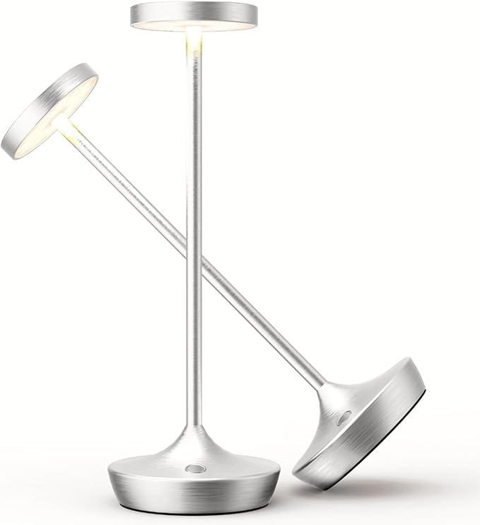 Cordless Table Lamp Rechargeable - 6000mAh LED Battery Operated Table Light - Portable Touch Dimmable Outdoor Waterproof Table Lamps for Patio Bar Restaurant Dining (2 Silver)