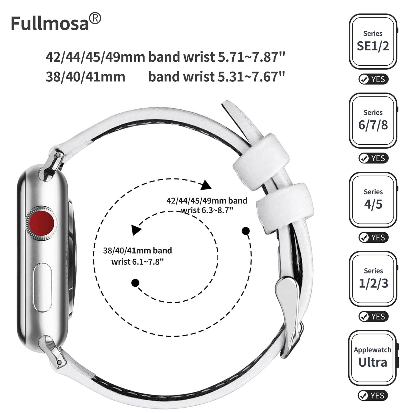 Fullmosa Compatible with Apple Watch Band Leather 49mm 46mm 45mm 44mm 42mm 41mm 40mm 38mm for iWatch Series 11/10/9/8/7/6/5/4/3/2/1, Ultra3/2/1, SE3/2/1, White + silver buckle