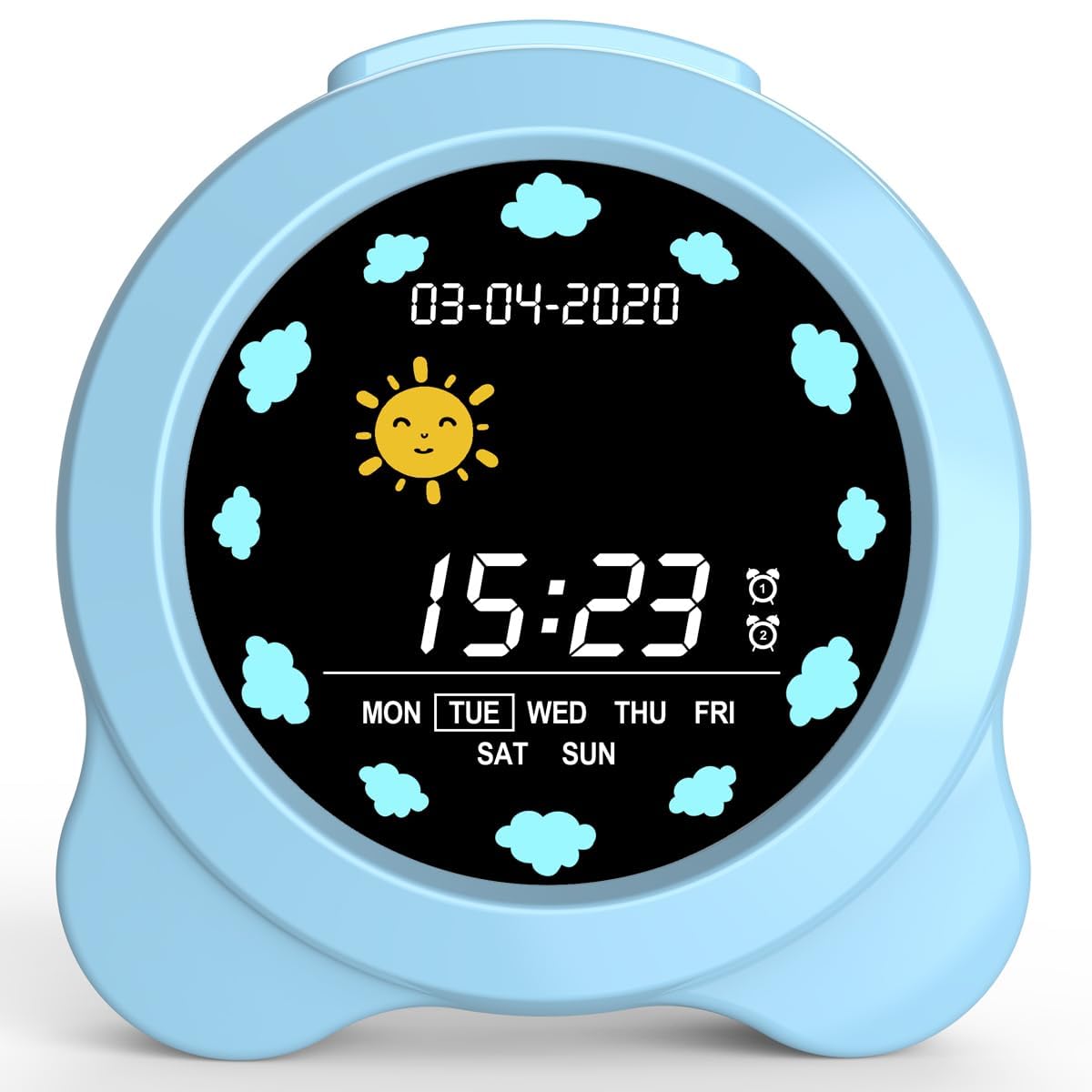 Kids Alarm Clock, Sun & Moon LED Display with Day & Date, Children's Sleep Trainer with Night Light & Sleep Sounds, Cute Wake Up Clock for Kids Bedroom, Easy to Use Birthday Gift for Boy and Girls