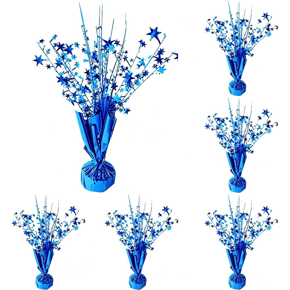 6 Pack Blue Star Table Centerpieces, Metallic Blue Starburst Table Decor, Sparkly Foil Table Topper for Birthday, Baby Shower, Wedding, Graduation, Space Themed Party, Holiday Table Decoration