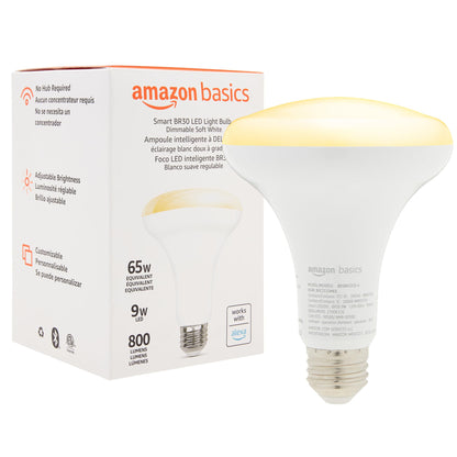Amazon Basics Smart BR30 LED Light Bulb, Dimmable Soft White (2700K), 9W (60W Equivalent), 800LM, Works with Alexa Only, 2.4 GHz Wi-Fi, No Hub Required, 4 Pack