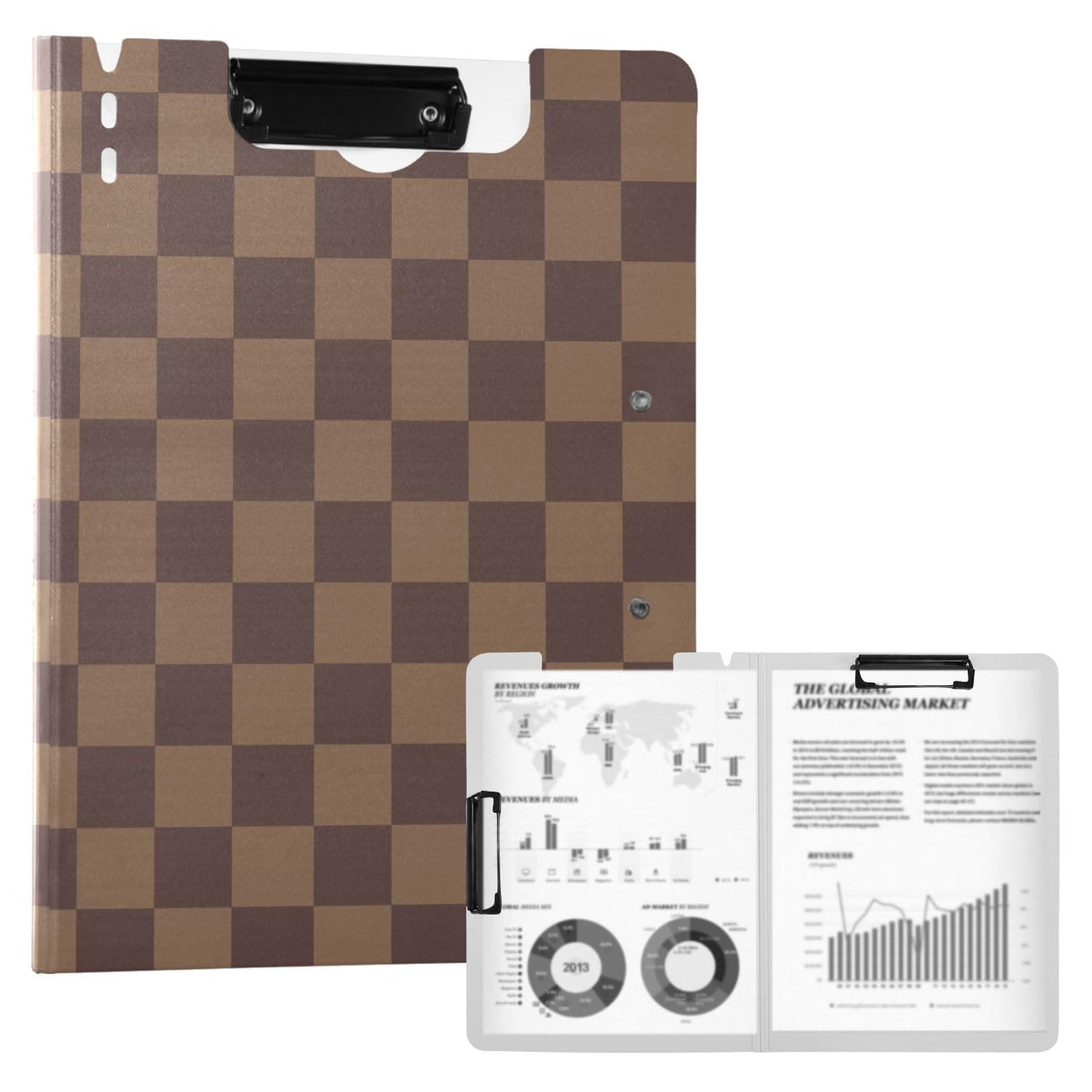Brown Checkerboard Foldable Clipboard A4 Clipboard Folder with Binders Pen Holder 360° Cover Flip for Work Office Supplies