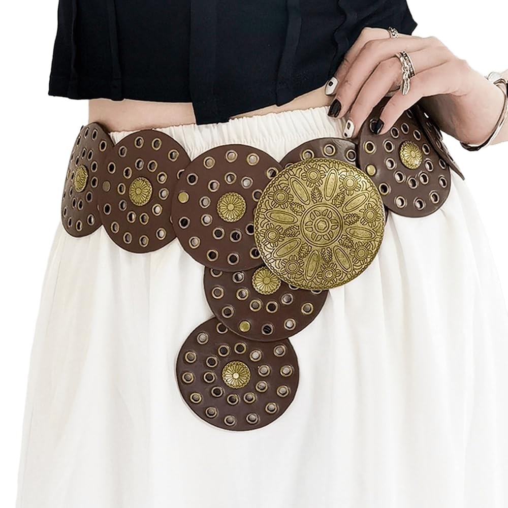 OVOY Womens Wide Western Cowboy Disc Belt Boho Disk Concho Country Waist Belts for Dress