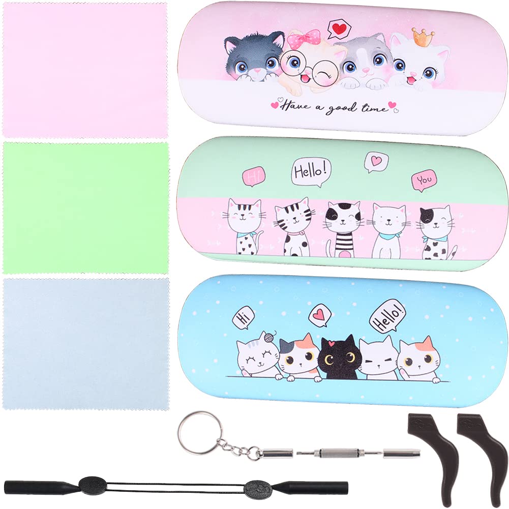 ADBGV 3Pcs Cute Cartoon Hard Shell Eyeglasses Cases Protective Case with Glasses Cloth Storage Box Eyewear Retainer Holder for Girl Teen