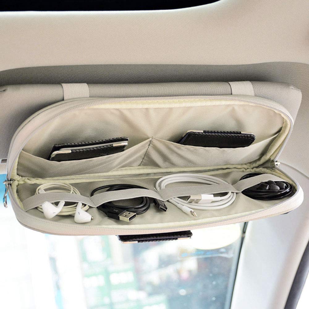Da by Car Visor Organier Truck SUV Sun Visor Storage Pocket PU Leather Pouch Holder with Multi-Pocket Double Zipper Net Pocket, for Cards Pens Sunglasses Document (Cream Grey)