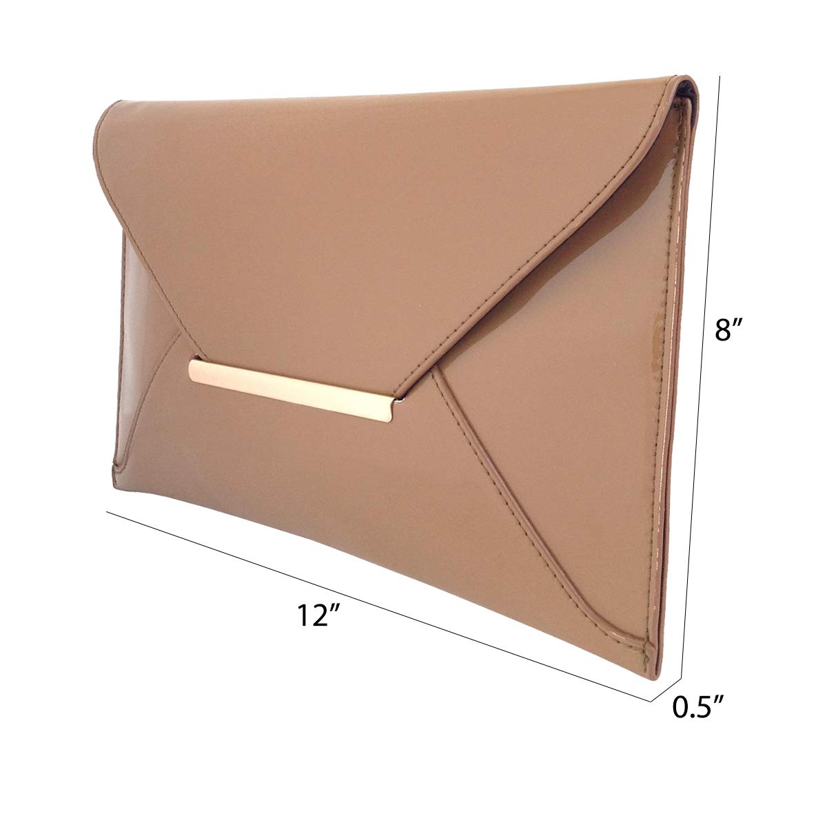JNB Faux Patent Leather Envelope Candy Clutch Bag with Gold Hardware Zippered Pocket,Taupe