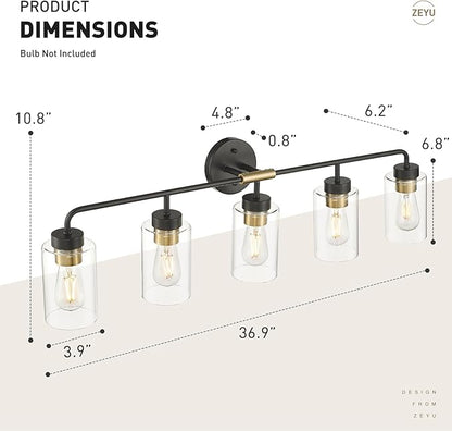 zeyu 36.5 Inch Modern Vanity Lights Over Mirror with Clear Glass Shade, 5-Light Bathroom Light Fixtures for Bathroom, Bedroom, Hallway, Black and Gold Finish, ZS62B-5W BK+BG