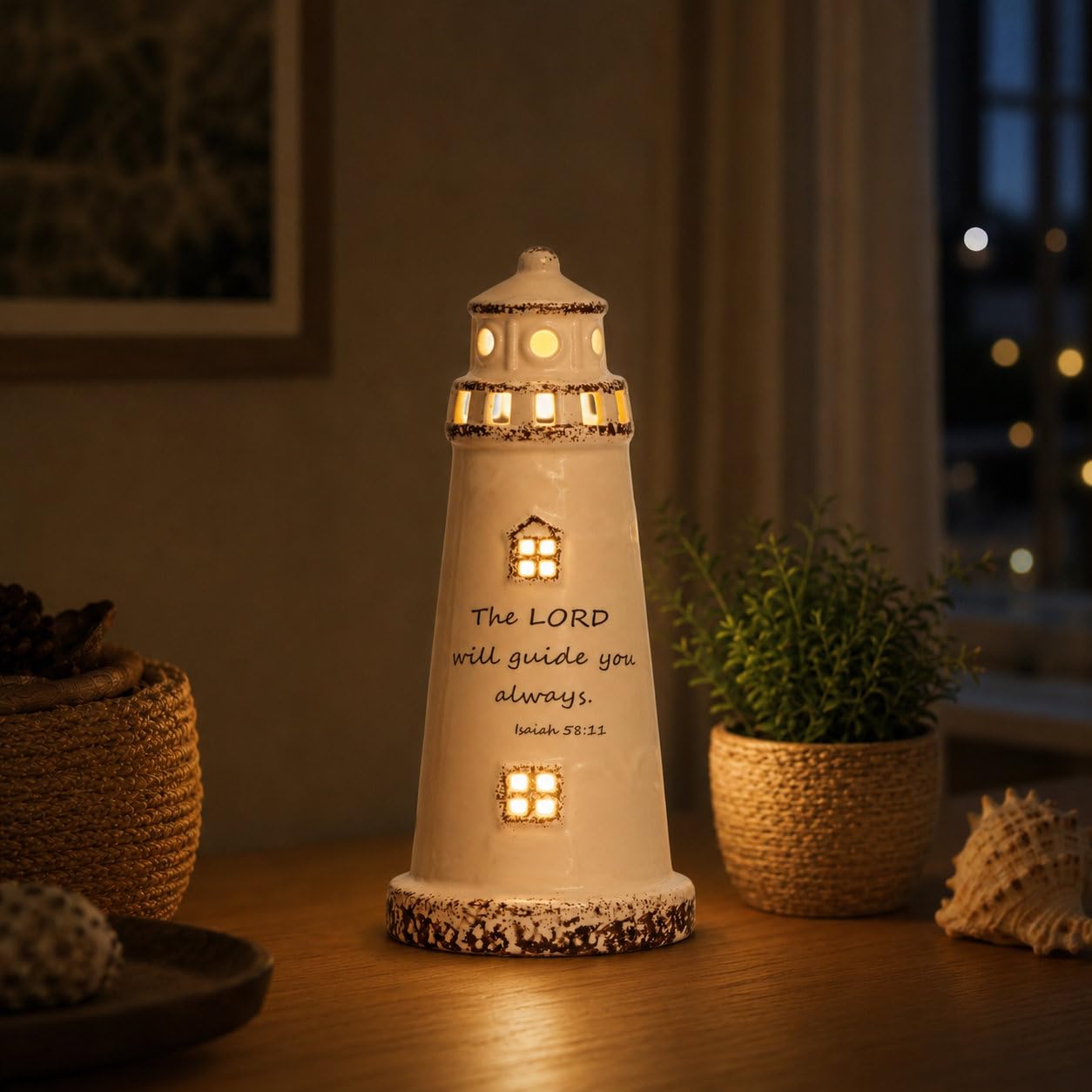 DAILYBREAD hristian Lighthouse Lamp for Men – Ceramic LED Night Light with Scripture Verse, Inspirational Gift for Dad, Husband, Pastor, Christian Home Decor 8" H