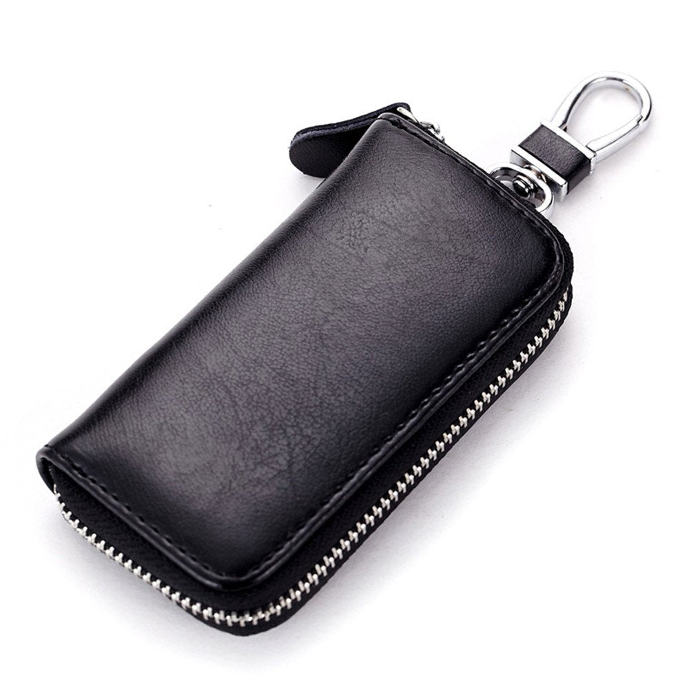 Genuine Leather Key Holder Bag with 2 Card Slots & 6 Hooks, Access Card Key Case Wallet for Men & Women (Black)