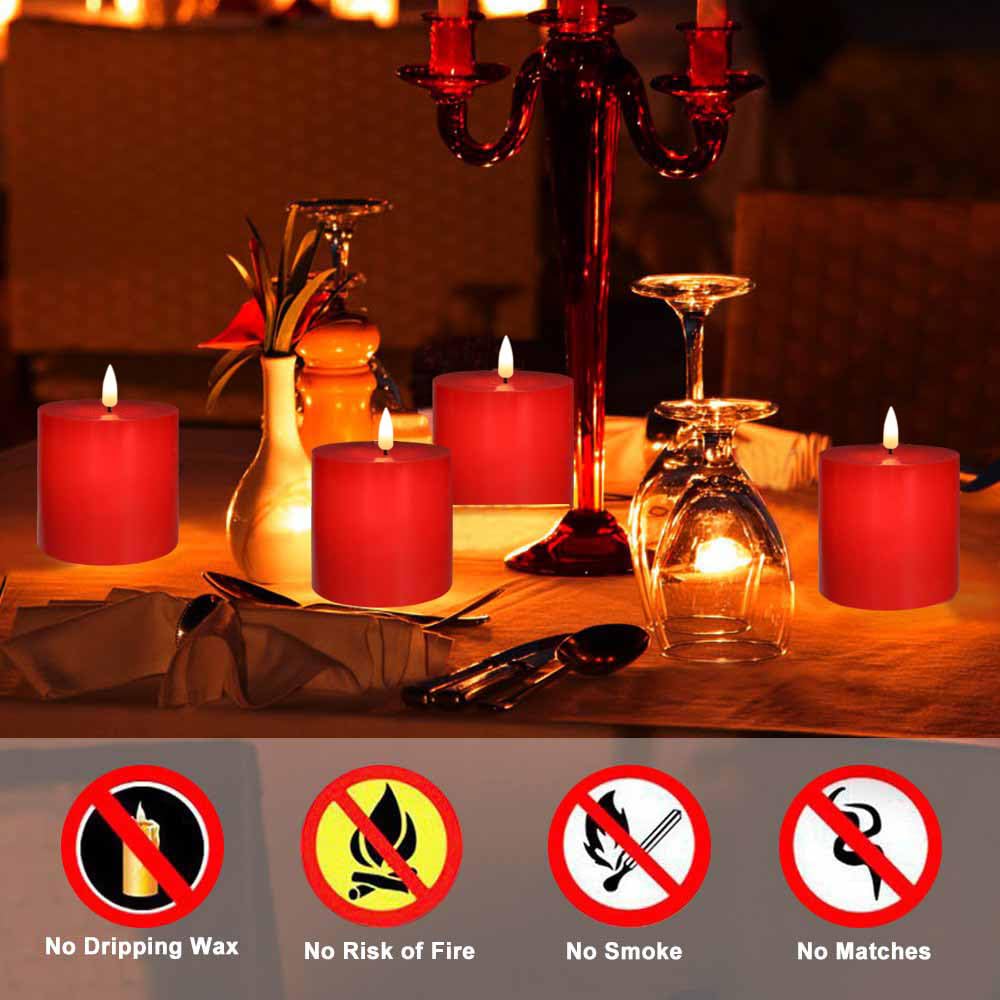 volnyus Red Flameless Candles Set of 2 (3x3 inch) Real Wax Flickering LED Candles Battery Operated with Remote Control Timers for Christmas Fireplace Party Dimmable Pillars Flat top