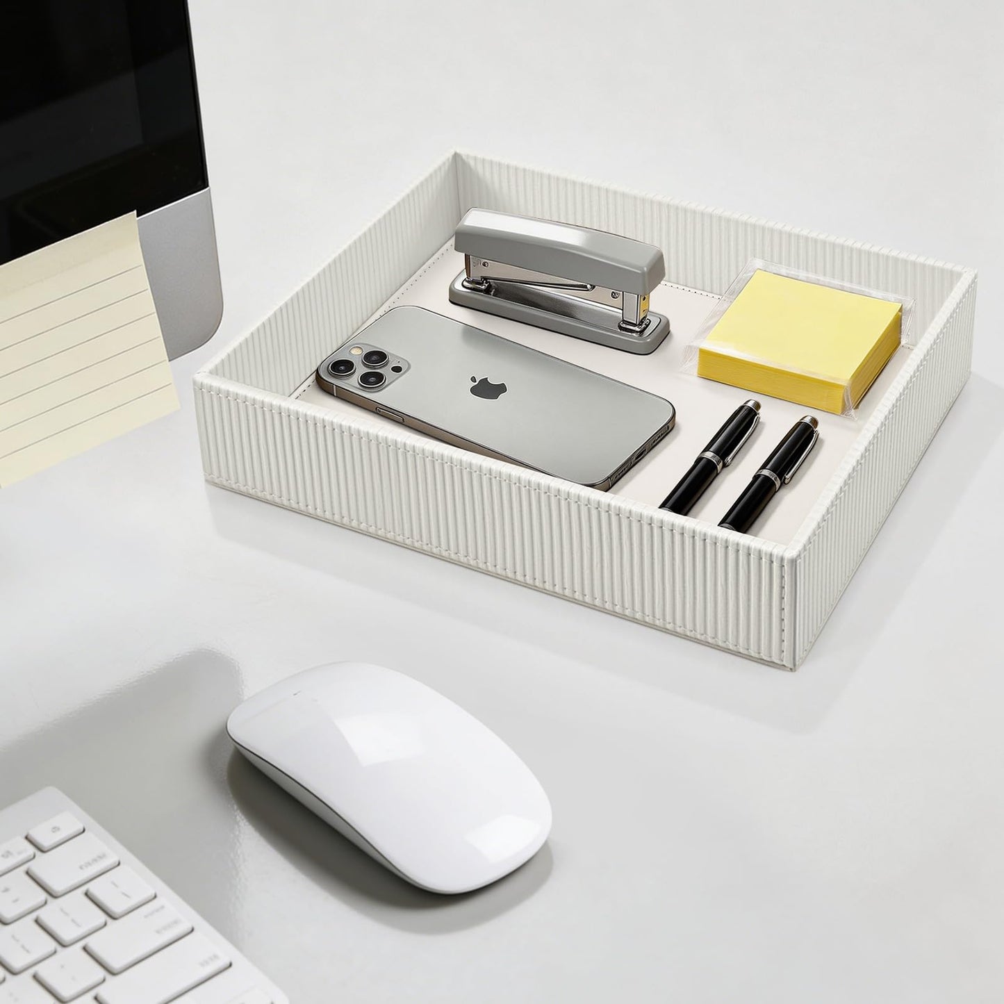 SITHON Valet Tray Desk Organizer, PU Leather Catchall Bedside Vanity Tray Nightstand Caddy Coin Box Key Jewelry Storage Organizer, Graduation, Stripe Pearl White