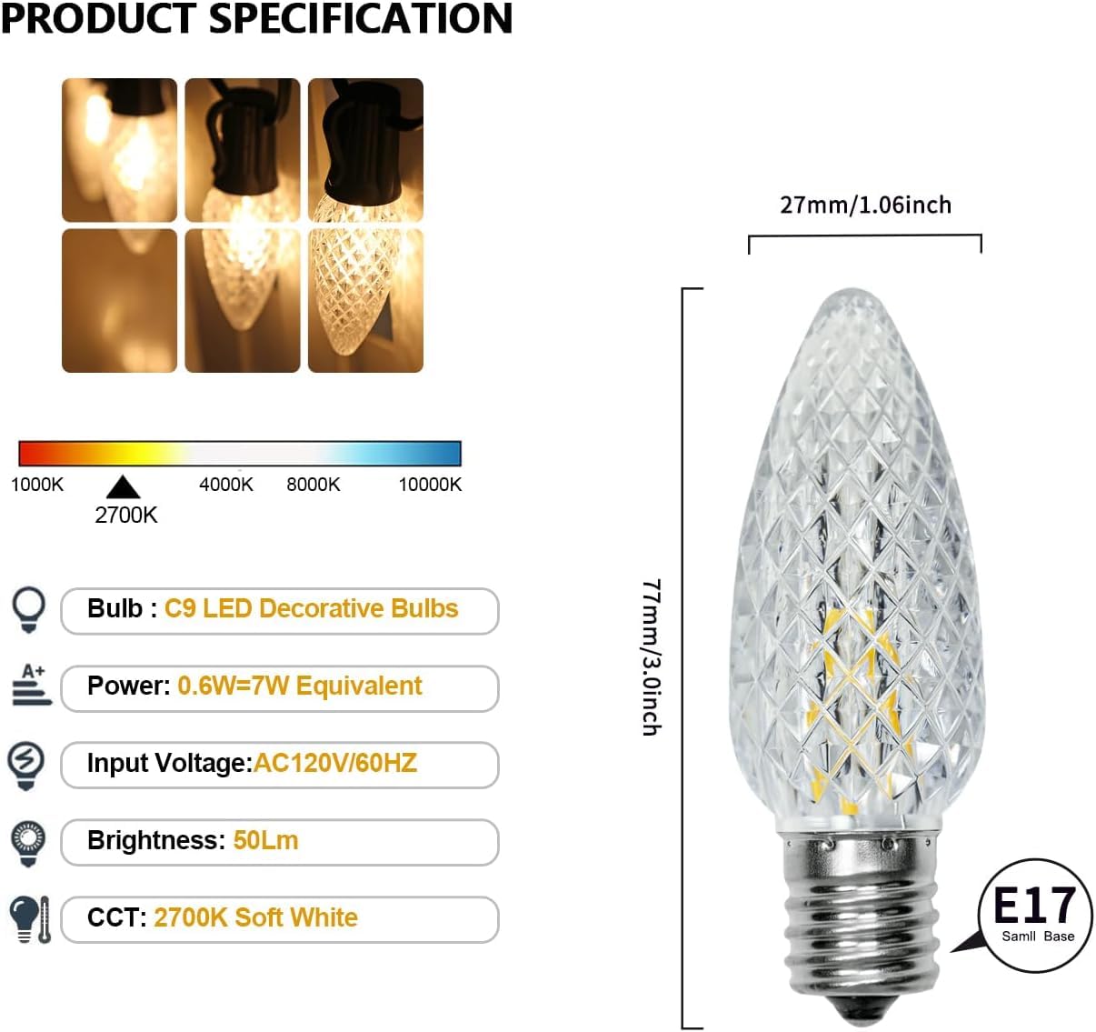 EMYMLITE C9 LED Christmas Light Bulbs, Shatterproof & Waterproof C9 LED Replacement Bulbs, 2700K Warm White Holiday Decor for Indoor & Outdoor Use, E17 Base (Warm White 100Pack)