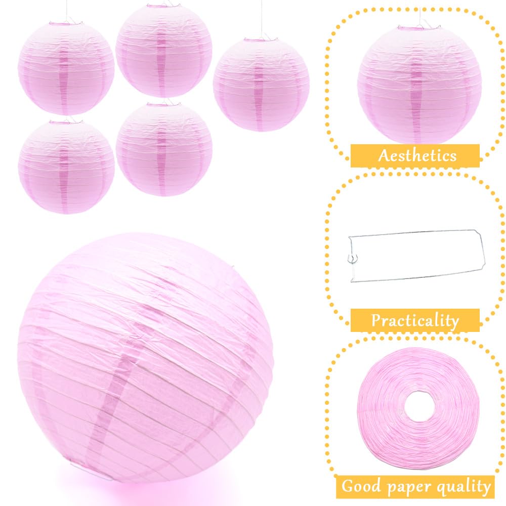 Ruidee 6Pcs Paper Lanterns Decorative Round Hanging Paper Lanterns for Birthday, Wedding, Christmas Xmas, Bridal, Home Decor, Party Decoration（12in/Pink）