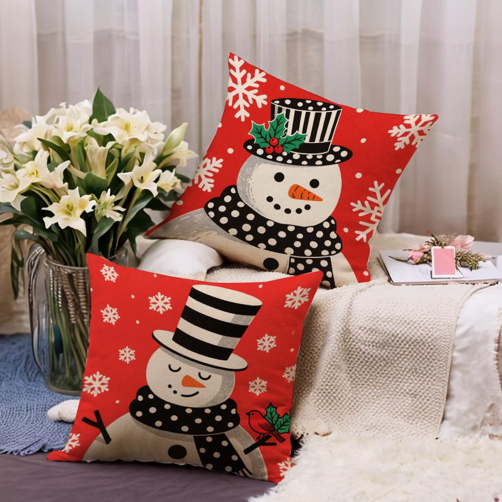7COLORROOM Set of 4 Christmas Red Pillow Cover Lovely Snowman Festival Throw Cushion Cover Home Decorative Winter Cotton Linen Pillowcases 18" x 18"(Snowman)