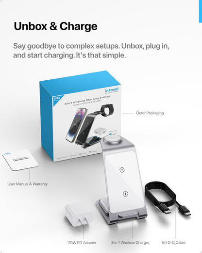 Intoval 3 in 1 Wireless Charging Station for iPhone 17 16 15 14 13 12 11 X Pro Max, Wireless Charger for Apple Watch Ultra 3 SE 9 8 7 6 5 4 3 2, for AirPods 4 Pro Pro 2 3 (Y93, Grey)