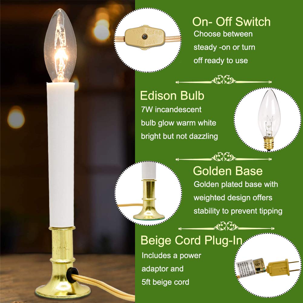 4 Pack Christmas Electric Window Candles Lamps with Gold Plated Base, Christmas Window Candles with 7 Watt C26 Clear Bulbs, Plug in Window Candle Lights for Wedding Home Church Decor, On/Off Switch