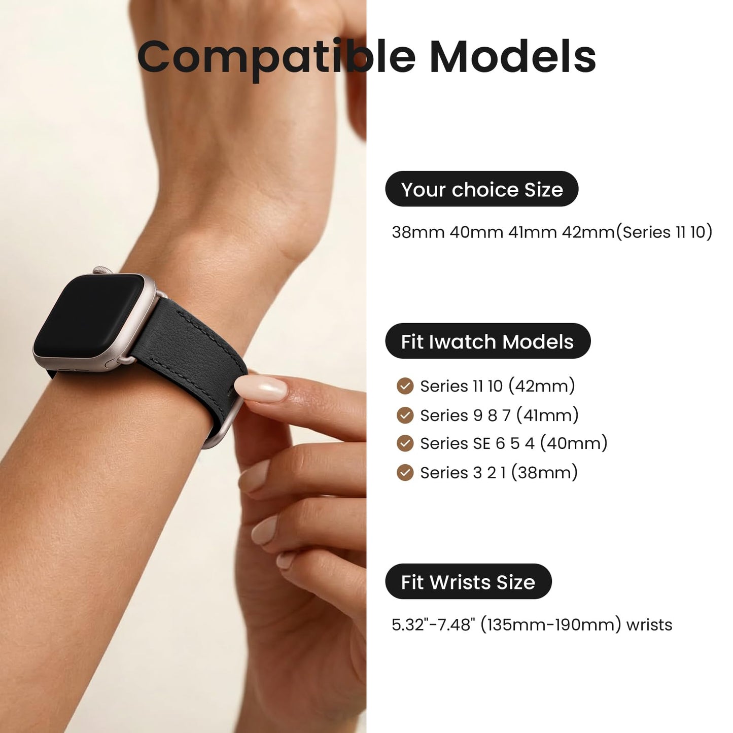 POWER PRIMACY Leather Bands Compatible with Apple Watch Band 38mm 40mm 41mm 42mm-Series 11/10,Genuine Leather Strap Compatible for Women Men iWatch SE Series 11 10 9 8 7 6 5 4 3 2 1(Black/Starlight)