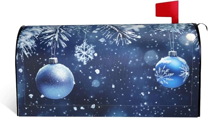 Festive Magnetic Mailbox Cover Blue Ball Christmas Pattern Outdoor Mailbox Protector Holiday Seasonal Decorative Garden Yard Home Standard Size 21 x 18 Inch