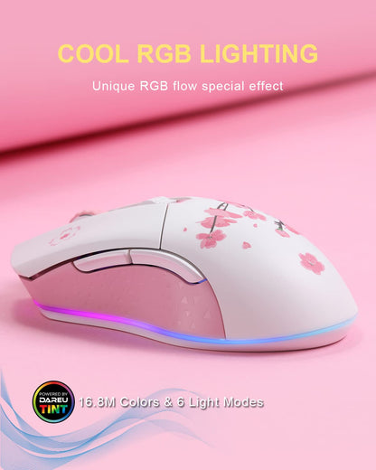DAREU Sakura Pink Wireless Wired Gaming Mouse, Dual-Mode Rechargeable 7 Programmable Buttons,10K DPI,RGB and 7 Adjustable DPI Levels up to [150IPS] [1000Hz Polling Rate] for PC Notebook Mac