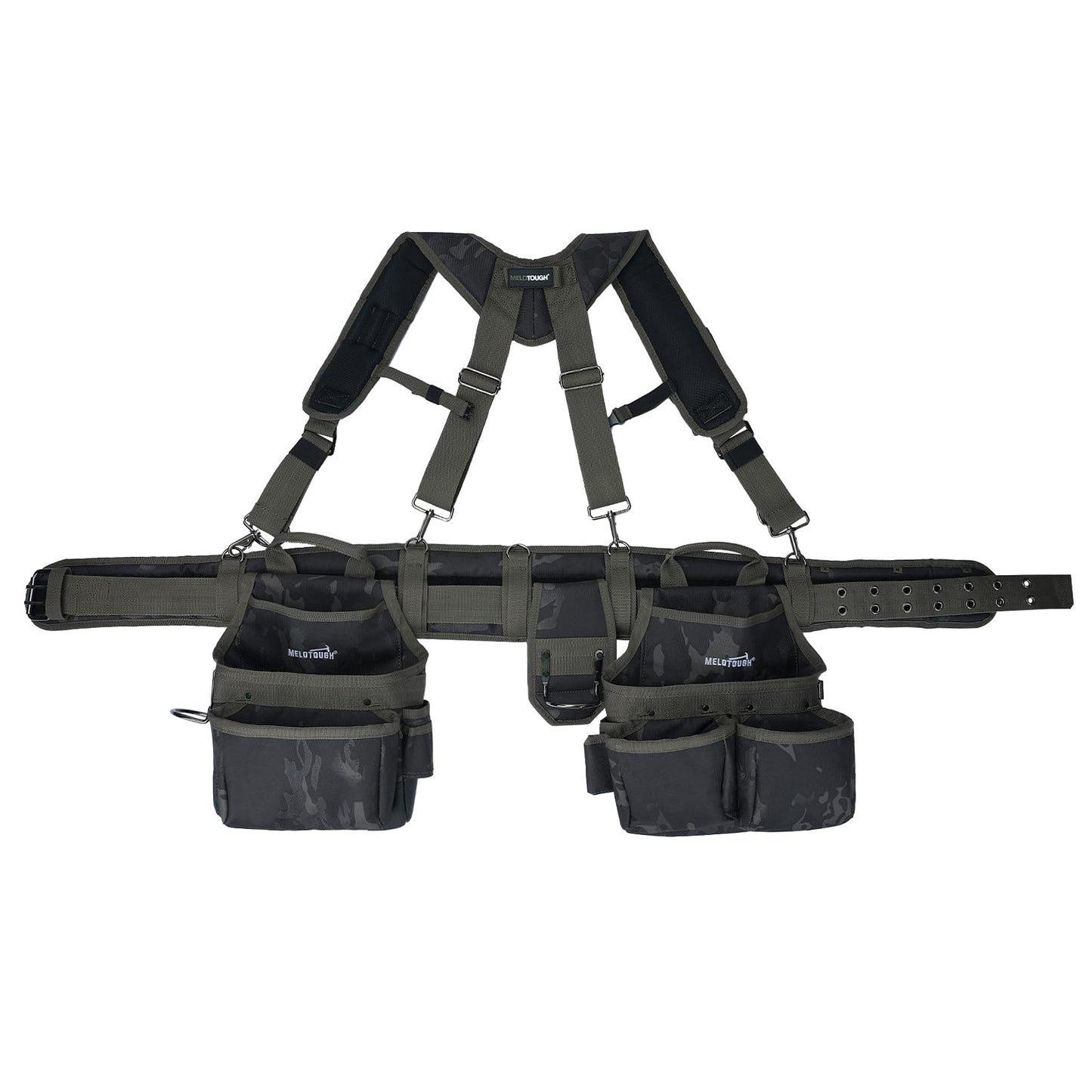MELOTOUGH Camo Tool Belt with Suspenders Camouflage Tool Pouch Organizer Supenders Framers Combo Apron Tool Belt Construction Tool Bag Suspenders Heavy Duty Carpenter Suspension Rig (Green Camo)