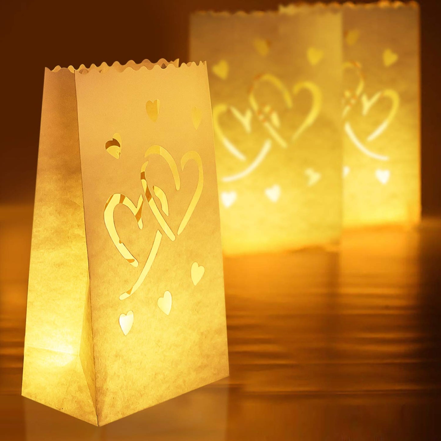 Homemory Valentine's Day 50 PCS White Luminary Bags with Hearts, Upgraded Moisture-Proof Candle Bags, Tea Light Luminaries for Wedding, Halloween, Thanksgiving, Christmas, Party