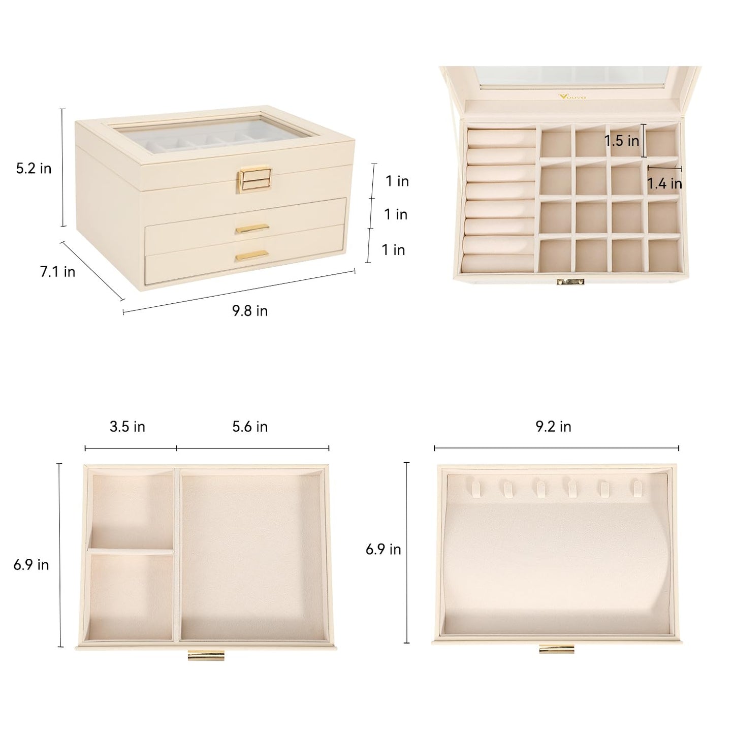 Voova Jewelry Box Organizer for Women Girls, 3 Layer PU Leather Jewelry Storage Case with Glass Lid & 2 Drawers, Large Jewellery Display Holder for Necklaces Rings Earrings Bracelets, Apricot
