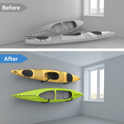 WALMANN Kayak Storage Rack, Wall Mount Kayak Hooks for Garage Kayak Wall Hangers for Kayak, Surfboard, Skiis, Snowboard, Paddle Board(2 Pairs for 2 Kayaks)