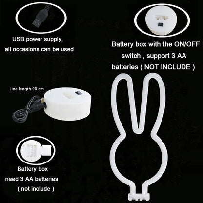 BAILEY Rabbit Ears Neon Sign,Easter Bunny Rabbit LED Lights with Holder Base,USB or 3-AA Battery Powered Neon Light of Business Premises for Christmas Easter Party Holiday Night Bedroom Gifts (Pink)