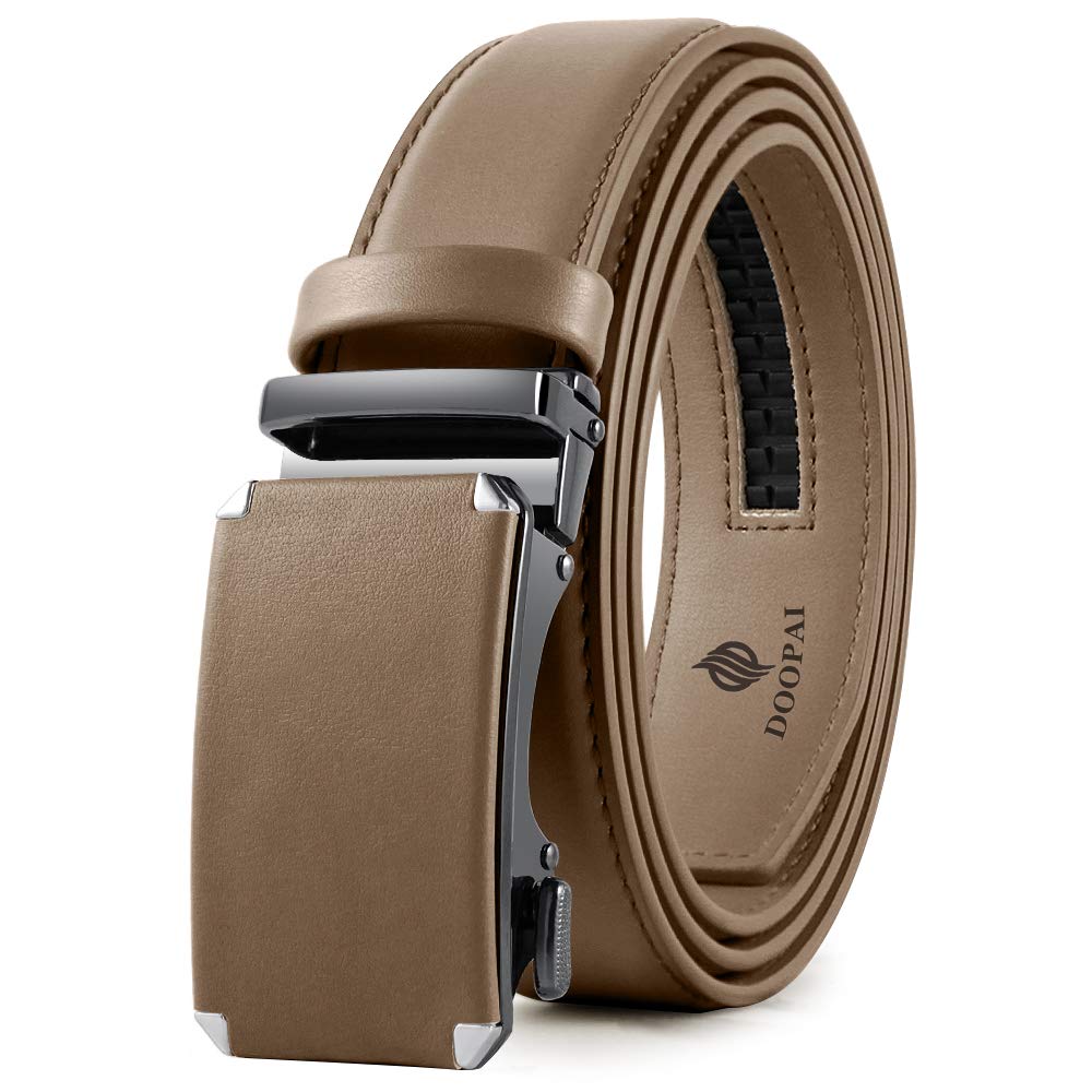 DOOPAI Men's Leather Ratchet Belt, Adjustable Belt in khaki with Sliding Length 28-36", Metal Buckle Cut to fit in the Gift BoX