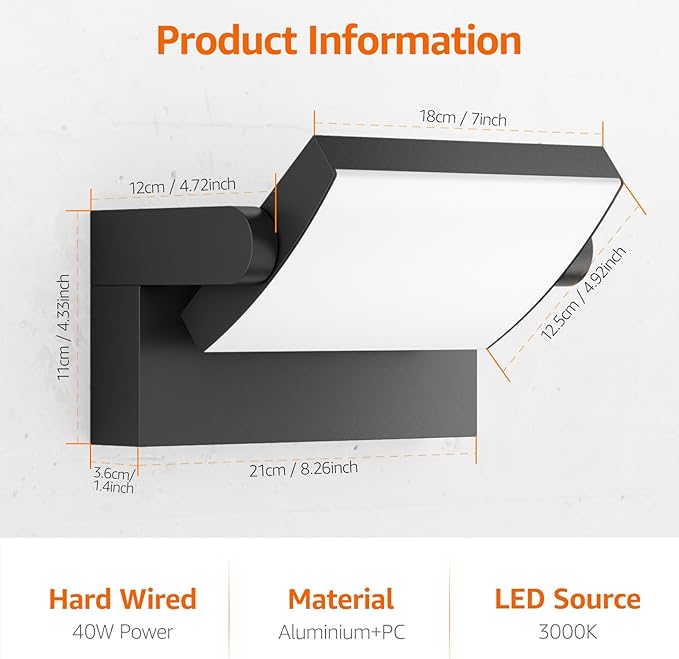 Modern Outdoor Lights, 40W Black LED Exterior Light Fixture, 3000K Outdoor Wall Sconce, IP65 Waterproof Porch Lights for House