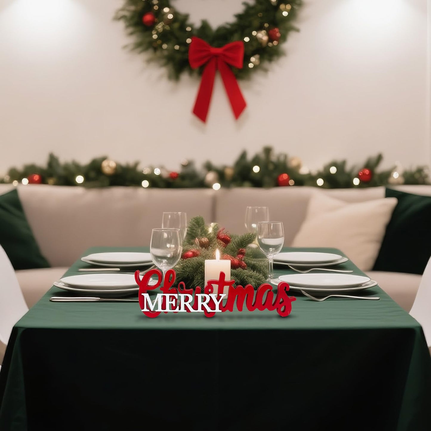 Christmas Centerpieces for Table - Wooden Merry Christmas Sign with Red & White Accents, Festive Tabletop and Mantel Decor for Dining Room, Shelf, Tray, Dinner Party Centerpiece