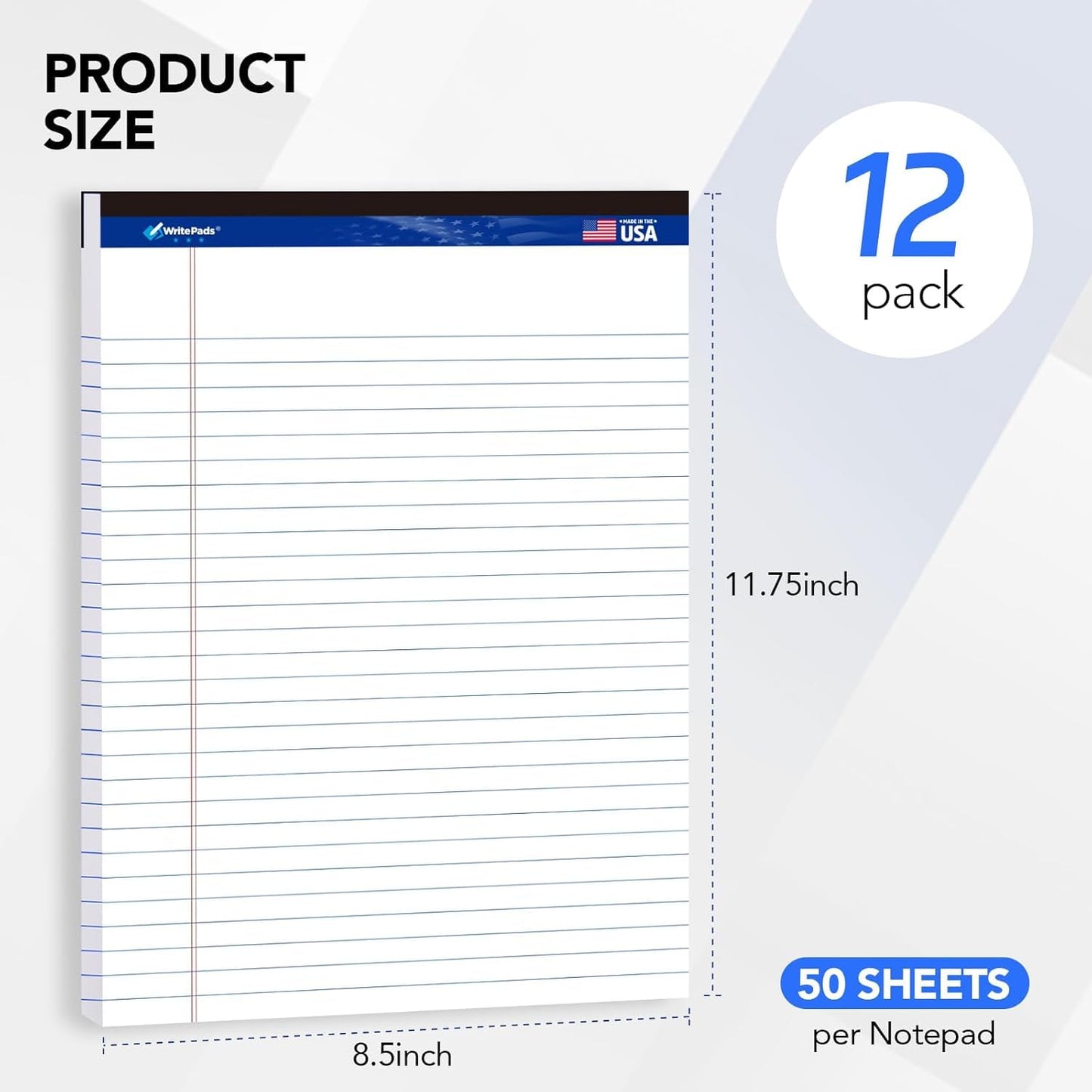 Legal Pads 8.5 x 11.75 Inch Wide Ruled Writing Pads, 12 Pack Note Pads - White Perforated Paper with Hard Back, 50 Sheets Per Pad, No Bleed Paper Notepad for Office, School, Business MADE IN USA