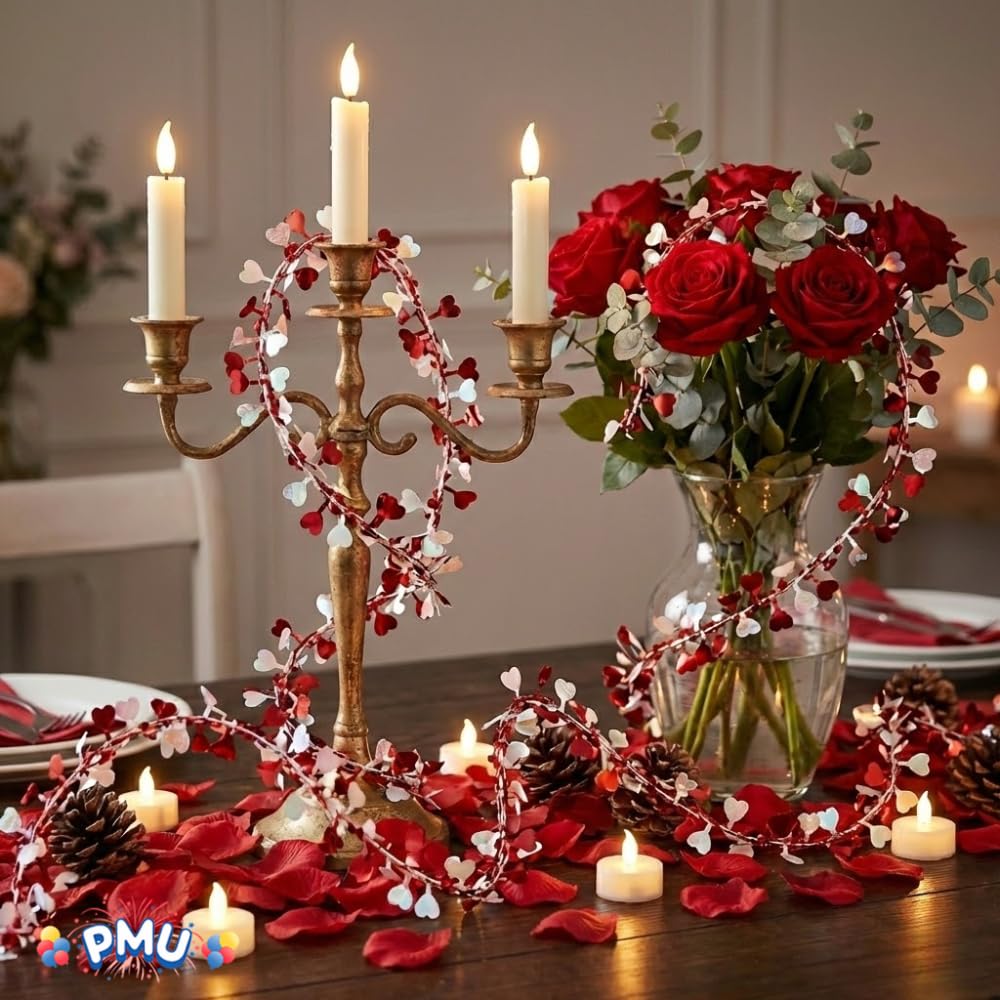 PMU 75ft Valentine's Day Themed Red and White Heart Wire Garland - Valentine's Day Theme Festive Home Decoration Ornament (3pc-25Ft Each)