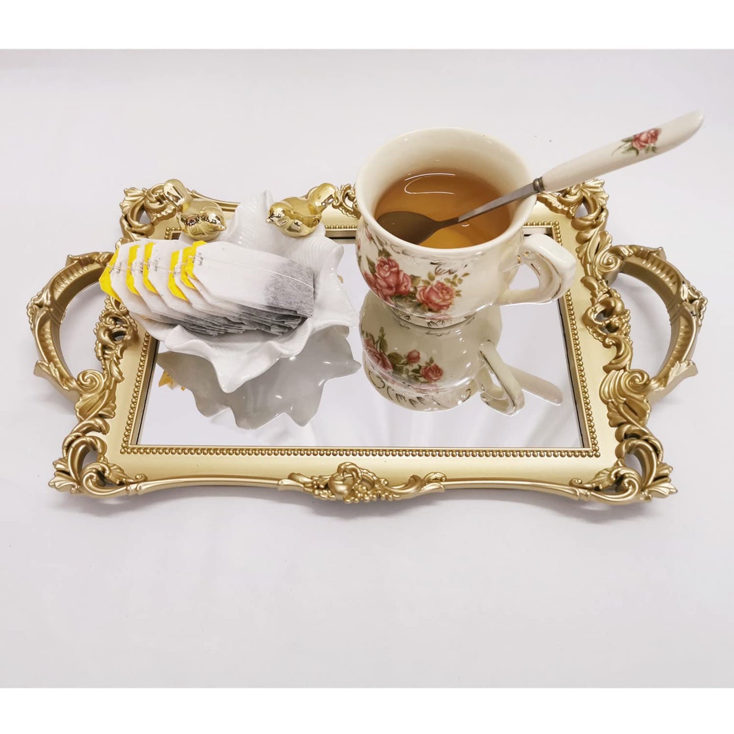 Yamfurga Small Rectangle Decorative Mirror Tray, French Style, Makeup Organizer, Jewelry Organizer, Serving Tray, 13"x 7.8", Gold