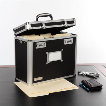 Vaultz File Organizer Storage Box - 14 x 7 x 12.19 Inch Letter Size, Portable Locking Storage Totes with Dual Combination Locks for Filing Office Documents - Black